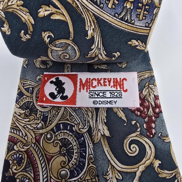 Disney Mickey Inc Tie Mens Green‎ Gold Baroque Scroll Medallion Ornate Necktie - Picture 5 of 6